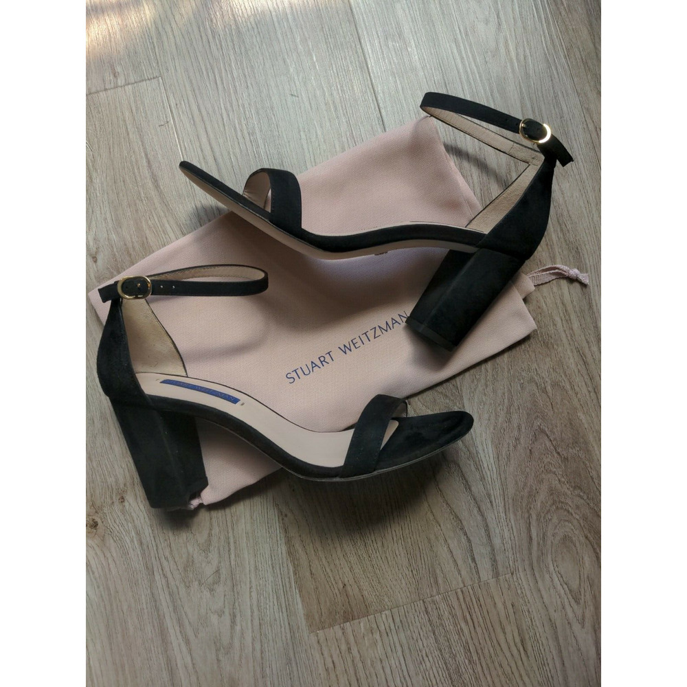 Stuart Weitzman Nearlynude Heel Sandals Womens 8 Black Suede
